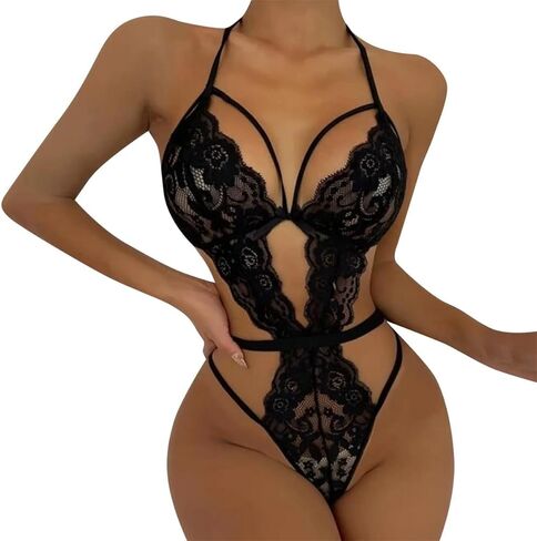 Women Lingerie Lace Sexy Bodysuit Deep V Hollow Out Hook Teddy Halter One Piece Black Corset Nightwear in Saudi Arabia