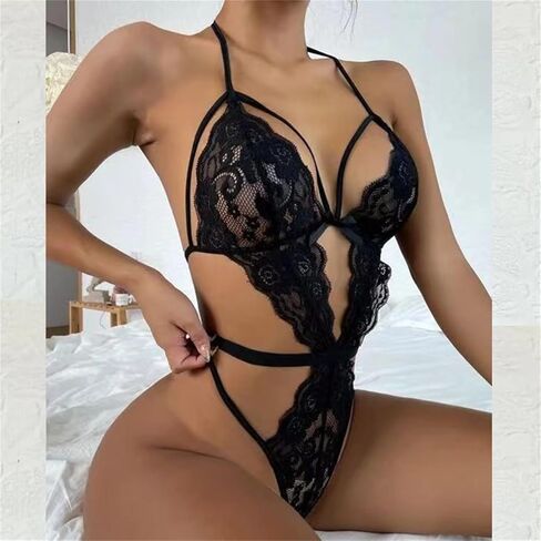 Women Lingerie Lace Sexy Bodysuit Deep V Hollow Out Hook Teddy Halter One Piece Black Corset Nightwear in Saudi Arabia