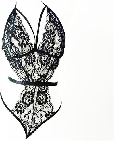 Women Lingerie Lace Sexy Bodysuit Deep V Hollow Out Hook Teddy Halter One Piece Black Corset Nightwear in Saudi Arabia