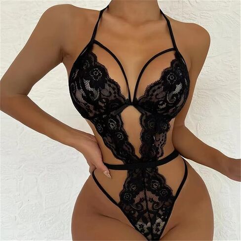 Women Lingerie Lace Sexy Bodysuit Deep V Hollow Out Hook Teddy Halter One Piece Black Corset Nightwear in Saudi Arabia