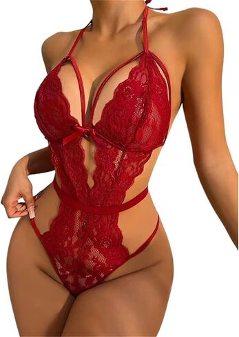 Women Lingerie Lace Sexy Bodysuit Deep V Hollow Out Hook Teddy Halter One Piece Black Corset Nightwear in Saudi Arabia