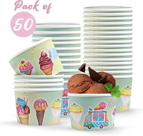 ألعاب ممتعة - أوعية آيس كريم للاستعمال مرة واحدة سعة 9 أونصة / 260 مل للأطعمة الساخنة أو الباردة - كوب آيس كريم ورقي للمثلجات والزبادي المجمد والحساء - عبوة من 50 قطعة in Kuwait