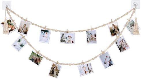RECUTMS Boho Style Collage Photo Frame Decoration for Dorms with 13 Clips And Two Hooks,Wooden Bead Garland Hanging Photo Display,Classrooms, Bedrooms in Saudi Arabia