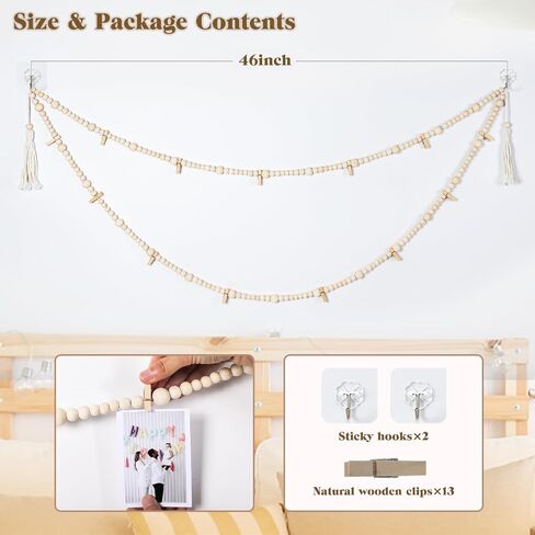 RECUTMS Boho Style Collage Photo Frame Decoration for Dorms with 13 Clips And Two Hooks,Wooden Bead Garland Hanging Photo Display,Classrooms, Bedrooms in Saudi Arabia