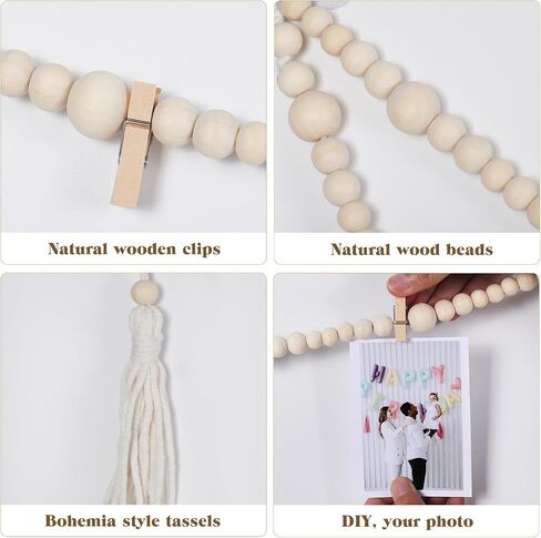 RECUTMS Boho Style Collage Photo Frame Decoration for Dorms with 13 Clips And Two Hooks,Wooden Bead Garland Hanging Photo Display,Classrooms, Bedrooms in Saudi Arabia