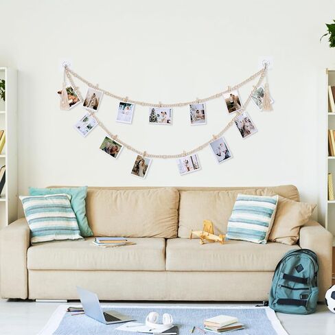 RECUTMS Boho Style Collage Photo Frame Decoration for Dorms with 13 Clips And Two Hooks,Wooden Bead Garland Hanging Photo Display,Classrooms, Bedrooms in Saudi Arabia