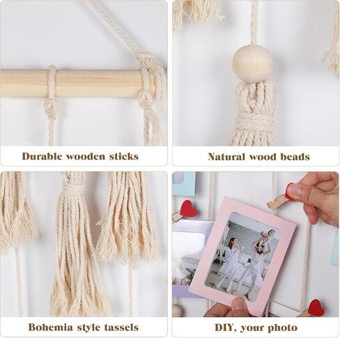 RECUTMS Boho Style Collage Photo Frame Decoration for Dorms with 13 Clips And Two Hooks,Wooden Bead Garland Hanging Photo Display,Classrooms, Bedrooms in Saudi Arabia