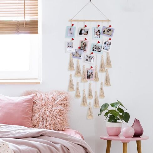 RECUTMS Boho Style Collage Photo Frame Decoration for Dorms with 13 Clips And Two Hooks,Wooden Bead Garland Hanging Photo Display,Classrooms, Bedrooms in Saudi Arabia