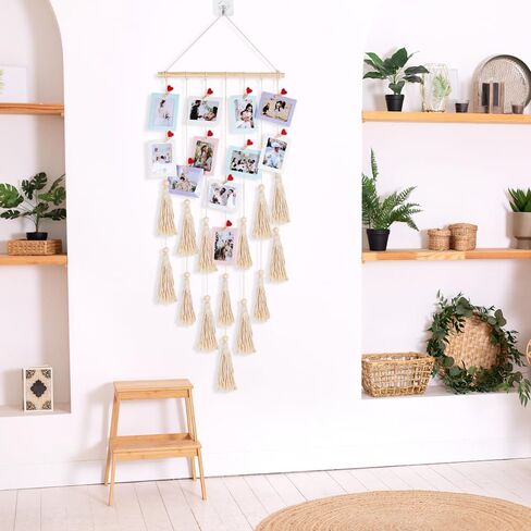 RECUTMS Boho Style Collage Photo Frame Decoration for Dorms with 13 Clips And Two Hooks,Wooden Bead Garland Hanging Photo Display,Classrooms, Bedrooms in Saudi Arabia