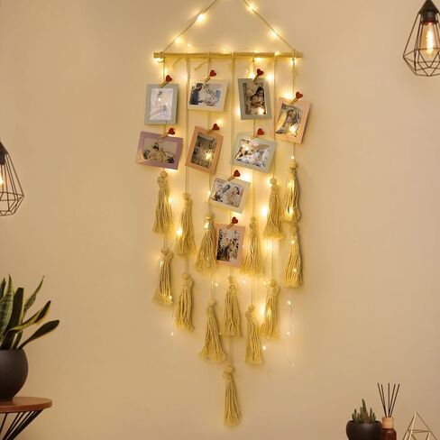 RECUTMS Boho Style Collage Photo Frame Decoration for Dorms with 13 Clips And Two Hooks,Wooden Bead Garland Hanging Photo Display,Classrooms, Bedrooms in Saudi Arabia