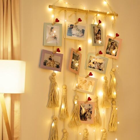 RECUTMS Boho Style Collage Photo Frame Decoration for Dorms with 13 Clips And Two Hooks,Wooden Bead Garland Hanging Photo Display,Classrooms, Bedrooms in Saudi Arabia