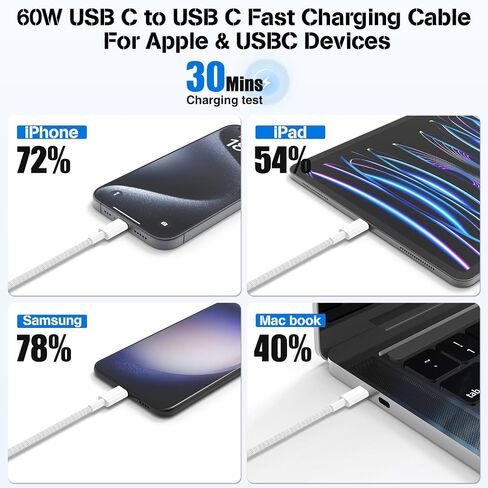 كابل USB C مجدول إلى USB C [3.3FT+6.6FT+10FT] 60 وات 3 حزم، كابل شحن سريع من النوع C متوافق مع iPhone 15/15 Pro/15 Pro Max/15 Plus، لهاتف Galaxy S23/S22، iPad Pro، MacBook Air و اكثر in Saudi Arabia