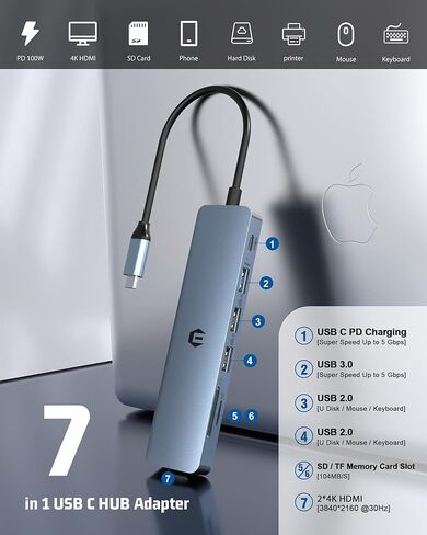 USB C HUB, 7 in 1 USB Docking Station, 4K HDMI Support, 100W PD, USB 3.0 Ports, Twin USB 2.0 Ports, SD/TF Card Reader, Suitable for iMac, Surface, XPS, Thinkpad, Galaxy, and More in Saudi Arabia