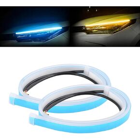 2 PCS Car Modification Led Light Strip with Adhesive, 12V 5W 144SMD Waterproof Silicone Daytime Running Lights, Universal 1.9Ft Ultra-Thin Vehicle Turn Sequential Signal Light (Blue & Yellow)