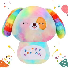 Easfan Rainbow Birthday Dog Plush Pillow Mushroom Puppy Stuffed Animals Cuddly Soft Toy, Gift for Toddlers, 11.5 inches
