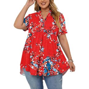 PLOKNRD Women's Plus Size Tops Short Sleeve Henley V Neck Button Up Flowy T Shirts Tunic Loose Blouses Floral Orange