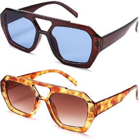 NULOOQ Trendy Aviator Sunglasses for Women Men, Hexagonal Square Double Bridge Designer Inspired Sun Glasses shades