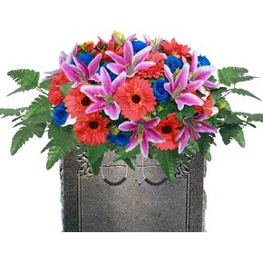 Lodou Cemetery Flower Saddles for Grave,Artificial Silk Flower Arrangement for Headstones, Artificial Cemetery Flowers, Outdoor Grave Decorations (1, Blue & purple & red)