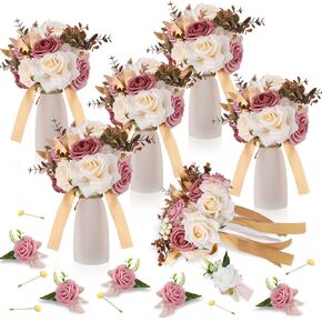 12 Pcs Bridesmaid Bouquets and Bridegroom Groomsmen Boutonniere Set Artificial Bouquets Flowers Wedding Boutonniere for Wedding Ceremony Anniversary Formal Dinners Vintage Country Wedding (Dusty Rose)
