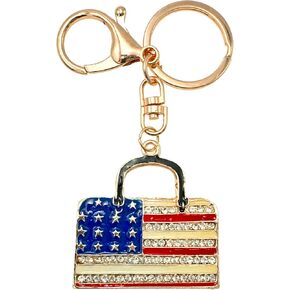 American Flag Keychain - Red White & Blue, Clear Rhinestones - Drawstring Bag, 4.4" Long in Kuwait