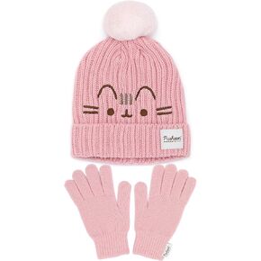 Pusheen Beanie and Gloves Women Cat Pink Knitted Winter Hat