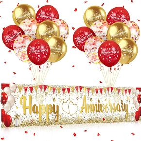 Red Gold Anniversary Party Decorations Happy Anniversary Banner Yard Sign with 18Pcs 12 Inch Red Gold Happy Anniversary Latex Balloons for Wedding Anniversary Party Supplies Outdoor Indoor Decor in Saudi Arabia