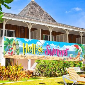 Summer Beach Party Banner Decorations, Hello Summer Banner Backdrop for Hawaiian Pool Birthday Party Decorations, Luau Summer Beach Yard Sign Banner Background for Aloha Party Decorations