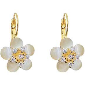 Dainty Cat Eye Flower CZ Leverback Hoop Earrings for Women Girls Fashion 14K Gold Plated Huggie Hoops Dangle Drop Hypoallergenic Jewelry Gifts Valentines Day Birthday