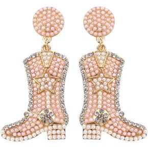 Boho Beaded Cowgirl Boot Earring Handmade Western Cowboy Boots Earrings Rhinestone Beads Shoes Dangle Drop Earrings Y2k Party Jewelry For Women Girls