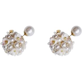 Pearl Flower Ball Stud Earrings for Women Teen Girls Silver Plated Cubic Zirconia Bride Bouquet Simulation Freshwater Pearls Double Sides Ear Jackets Piercing Studs Earring Delicate Jewelry Wedding Gifts Hypoallergenic