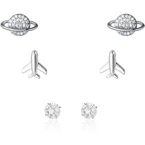3 Pairs Small Stud Earrings for Women Girls Teens S925 Sterling Silver Post Dainty Tiny Cute Planet Airplane Statement Cubic Zirconia Cartilage Tragus Mini Studs Set Fashion CZ Jewelry Gifts Daughter Girlfriend Birthday Hypoallergenic