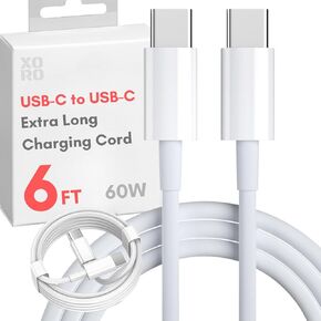 EXTRA LONG 6FT 60W USB C Cable charger for iPhone 15 Macbook or Samsung S24 S23 S22 tablet 6 feet FAST charging cord type c usbc type-c connector power wire to laptop computer data transfer white