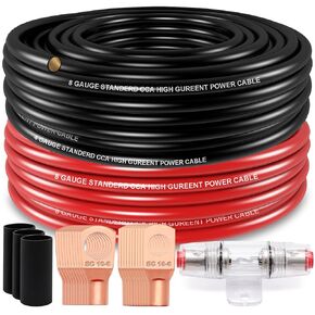 100FT 8 Gauge Wire (50ft Each- Black/Red) Copper Clad Aluminum CAA- with 8ga lugs,60A Fuse Holder and Heat Shrink Tube,Car Amplifier Power & Ground Cable