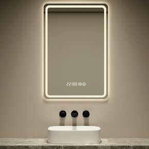 Led Bathroom Mirror Smart Mirror with Anti-Fog, Adjustable 3 Color3 Light, Wall Mounted Anti Fog Lighted Smart Vanity Mirror with Time & Temperature Display (20''x28'')
