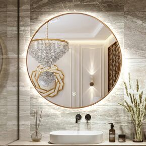 30" Round LED Bathroom Mirror, Wall Mounted Round Backlit Mirror LED Bathroom Vanity Mirror with Lights Fog Free Circle Lighted Mirror with Gold Frame, Smart Light up Mirror 3-Color