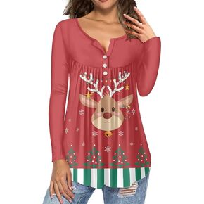 Women's Long Sleeves Tunic Blouses V Neck Button Up T Shirt with Shirring Hem S-4XL