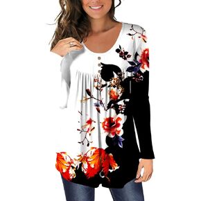 تونيك نسائي كاجوال من BeadChica للارتداء مع سراويل ضيقة وأكمام طويلة وبلوزات هنلي مزهرة بأزرار - قمصان مطبوعة -S in Kuwait