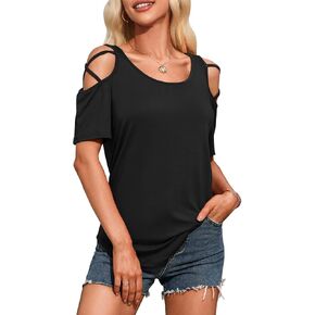 Womens Short Sleeve Cold Shoulder Strappy T Shirt Basic Tee Top Casual Loose Blouse