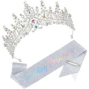 CAVETEE Birthday Princess Crown and Sash, Birthday Crown with Glitter Sash for Princess Party Decorations Happy Birthday Accessories for Women