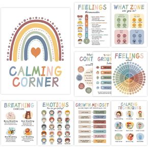 10 Calming Corner Poster Classroom Decorations, Boho Feeling Charts Emotions Poster for Kids Mental Health Posters Educational Posters Teacher Classroom Must Haves Preschool Classroom Wall Art Decorations