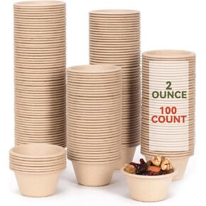 Gere Disposable Testing Cup Bowls,100 Pack, 4 oz,Natural Biodegradable Bagasse Fiber Souffle Cups, Condiment Cups, Sample Cups, Measuring Cups,