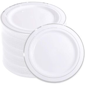 WELLIFE 72 Piece White Dinner Plates with Gold Rim, Gold Plastic Dinner Plates, Premium Heavy Duty 10.25 Inch Gold Party Plates, Elegant Fancy Dinner Plates for Weddings, Barbecues in Kuwait