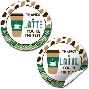 Thanks A Latte Thank You Sticker Labels, 40 2" Party Circle Stickers by AmandaCreation, Great for Party Favors, Envelope Seals & Goodie Bags