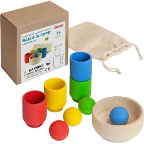 Ulanik Balls in Cups Starter Kit Toddler Montessori Toys for 1+ Year Old Kids Wooden Matching Game for Learning Color Sorting and Counting — 4 Balls, 1.18 in