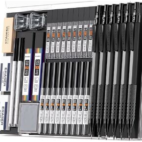 34Pcs Art Metal Mechanical Pencil Set, 3PCS Art Drafting Pencils 0.5, 0.7, 0.9MM & 3PCS 2MM Mechanical Drawing Pencils with 384PCS Leads (6B 4B 2B HB 2H 4H Color) for Writing Sketching Drawing black