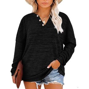 Womens Plus Size Tops 2023 Fall Fashion Long Sleeve Henley Shirts V Neck Sweatshirts L-4XL