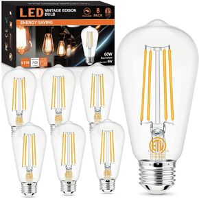 Hansang Dimmable Edison Light Bulbs E26 LED Bulb 60 Watt Equivalent, 4000K Natural Daylight Vintage Light Bulbs E26 Standard Base, Antique ST58 6W LED Filament Bulb,CRI 85+, Clear Glass, 700LM, 6 Pack