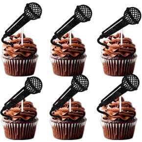 18pcs Black Glitter Microphone Dessert Cupcake Topper for Music KTV Theme Decor Supplies Boys Girls Happy Birthday Anniversary Wedding Party Decoration