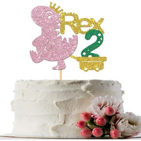 غلاف كعكة ديناصور اثنين ريكس - ديكور كعكة عيد الميلاد الثاني لعالم الحياة البرية للديناصورات للفتيات - ديناصور لطيف زينة لحفلات عيد الميلاد ذهبي وردي لامع in Kuwait