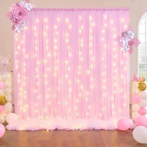 10ft x 10ft Dual Layer Ivory Backdrop Curtain Panels with Ivory Tulle with Lights, 2 Panels 5 x 10 ft Photo Background Drapes for Wedding Baby Shower Party Engagement Bridal Shower Photography